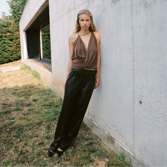 Zara Francoise Trouser Pants Black Faux Leather Straight Leg Full Length - Picture 1 of 8